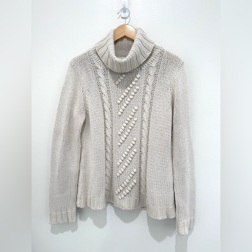 VTG WinterSilks Ivory Silk Cable Knit Turtleneck Pom Pom Chunky Sweater Large